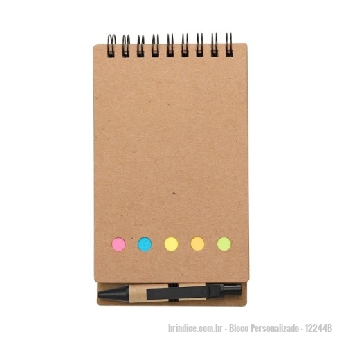 Bloco personalizado - Bloco Personalizado - 12244B - Bloco de anotações ecológico com autoadesivos e mini caneta. Bloco com wire-o e detalhes vazados na capa, contém conjunto de cinco bloquinhos autoadesivos coloridos, bloco autoadesivo pequeno, miolo com folhas pautadas e suporte de nylon com mini caneta de papelão com carga esferográfica na cor azul e acionamento por clique.. - 175038 - Portal de Brindes Personalizados | Guia Bríndice 38 Anos - Bloco