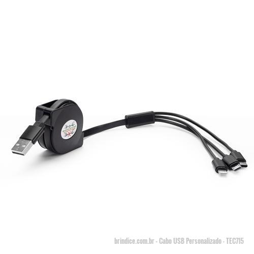 Cabo USB personalizado - Cabo USB Personalizado - TEC715 - Cabo Retrátil Personalizado - 174809 - Portal de Brindes Personalizados | Guia Bríndice 38 Anos - Cabo USB