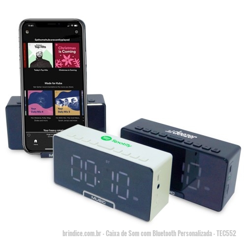 Caixa de Som com Bluetooth personalizada - Caixa de Som com Bluetooth Personalizada - TEC552 - Caixa de Som Bluetooth com Relógio Personalizada - 165613 - Portal de Brindes Personalizados | Guia Bríndice 38 Anos - Caixa de Som com Bluetooth