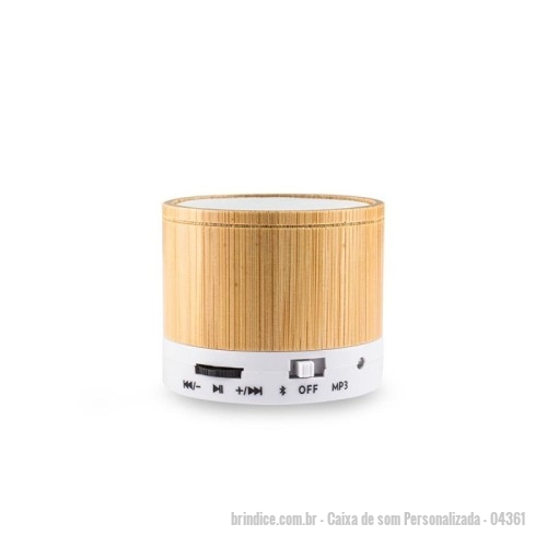 Caixa de som personalizada - Caixa de som Personalizada - 04361 - Caixa de som multimídia feita em plástico e com acabamento em bambu, traz o alto-falante para parte superior e, na parte inferior lateral, um painel para ligar e desligar o aparelho, entradas para cartão TF (MicroSD) e Micro-USB, além dos botões de ativação da conexão via bluetooth, reprodução de arquivos em formato MP3 e rádio FM. Acompanha cabo Micro USB. - 175040 - Portal de Brindes Personalizados | Guia Bríndice 38 Anos - Caixa de som