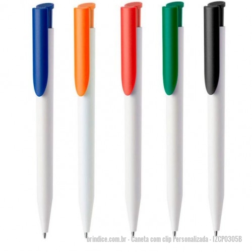 Caneta com clip personalizada - Caneta com clip Personalizada - IZCP0305B - Caneta plástica esferográfica retrátil escrita em azul - 158002 - Portal de Brindes Personalizados | Guia Bríndice 38 Anos - Caneta com clip
