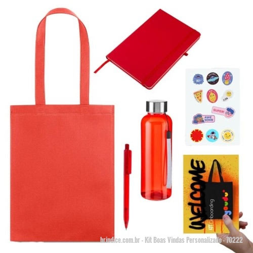 Kit Boas Vindas personalizado - Kit Boas Vindas Personalizado - 70222 - Kit Onboarding (Boas Vindas e Integração): Sacola em non-woven (80 g/m²) termo-selado com alças de 55 cm. 270 x 350 mm (92854). Caderno A5 capa dura. 80 folhas pautadas. possui marcador de páginas e elástico para fechamento. medidas: 210x140x20mm (880004). Caneta plástica esferográfica retrátil escrita em azul (884200). Flyer A5 (14,8 x 21,0 cm), impressão: frente e verso, cores: 4x4 (colorido). Papel: Couché Brilho 115g (600008). Cartela de adesivos: A5 (14,8 x 21,0 cm). Impressão: Frente. Cores: 4x0 (colorido, sem branco). Material: Couché Adesivo (600012). Squeeze plástica *RPET com alça e tampa de metal. Capacidade 500ml (887500). - 166470 - Portal de Brindes Personalizados | Guia Bríndice 38 Anos - Kit Boas Vindas