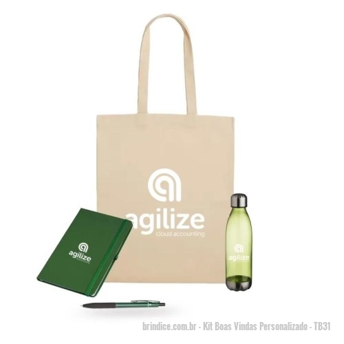 Kit Boas Vindas personalizado - Kit Boas Vindas Personalizado - TB31 - 1 Sacola em algodão cru 1 Squeeze de Plástico com 700ml 1 Agenda 1 Caneta - 168164 - Portal de Brindes Personalizados | Guia Bríndice 38 Anos - Kit Boas Vindas