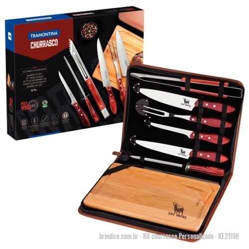 Kit churrasco personalizado - Kit churrasco Personalizado - KE21198 - Kit churrasco Tramontina 07 peças linha Polywood em magnífico estojo sintético. Gravação da logomarca a laser na lâmina das facas e na tábua de churrasco. Destaque sua marca num presente para toda a vida. Frete grátis para Sul, Sudeste e Centro Oeste.  - 175098 - Portal de Brindes Personalizados | Guia Bríndice 38 Anos - Kit churrasco