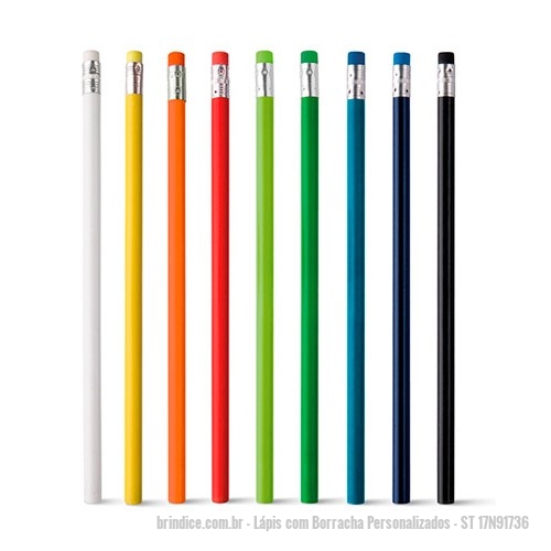 Lápis com Borracha personalizados - Lápis com Borracha Personalizados - ST 17N91736 - Lápis com Borracha Personalizado, Disponíveis em diversas opções de cores e com borracha colorida na ponta, o lápis com borracha personalizado é o brinde certo para ações de marketing em eventos de todos os tipos. Confeccionado em material de alta qu - 142954 - Portal de Brindes Personalizados | Guia Bríndice 38 Anos - Lápis com Borracha