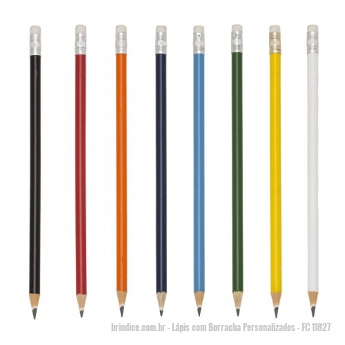 Lápis com Borracha personalizados - Lápis com Borracha Personalizados - FC 11827 - Lápis resinado colorido com borracha e grafite preto, guarnição prateada. Largura : 0,7 cm Comprimento : 18,9 cm Medidas aproximadas para gravação (CxL): 5 cm x 0,5 cm Peso aproximado (g): 9 - 143996 - Portal de Brindes Personalizados | Guia Bríndice 38 Anos - Lápis com Borracha