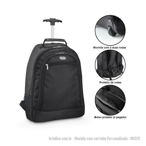 Mochila com carrinho personalizada - Mochila com carrinho Personalizada - MC031 - Mochila com Carrinho Trolley com Porta Notebook em Nylon 1680D e 600D. Compartimento principal almofadado para notebook 15.6'' Segundo compartimento forrado e com diversos bolsos. Bolso frontal com zíper e bolsos laterais com tela. Com 2 duas rodas e protetor de rodas em poliéster. Pegador extensível em alumínio com mola (altura do pegador estendida: 530 mm). Plaquinha metálica removível com ímã para fácil gravação. Plaquinha medindo: 3,6 x 1,4 cm. Ideal para eventos corporativos, campanhas de marketing e convenções. - 149226 - Portal de Brindes Personalizados | Guia Bríndice 38 Anos - Mochila com carrinho