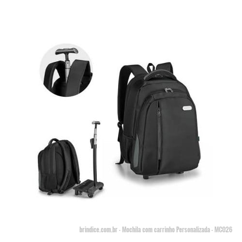 Mochila com carrinho personalizada - Mochila com carrinho Personalizada - MC026 - Mochila trolley para notebook em Nylon 999. Material à prova de água. Compartimento principal almofadado para notebook até 17''. Segundo compartimento forrado e com diversos bolsos. Bolso frontal com zipper e bolsos laterais com tela. Com estrutura removível e 2 rodas. Pega extensível em alumínio, com mola (altura da pega estendida: 550 mm). Plaquinha metálica removível com ímã : 50 x 20 mm. Gravação laser na plaquinha. Ideal para campanhas de marketing e eventos corporativos. - 149314 - Portal de Brindes Personalizados | Guia Bríndice 38 Anos - Mochila com carrinho