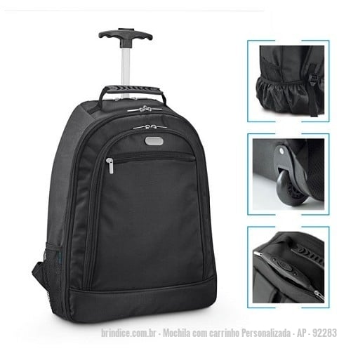 Mochila com carrinho personalizada - Mochila com carrinho Personalizada - AP - 92283 - Mochila trolley para notebook. 1680D e 600D. Com 2 rodas. Compartimento principal almofadado para notebook 15.6''. Segundo compartimento forrado e com diversos bolsos. Bolso frontal com zipper e bolsos laterais com tela. Com protetor de rodas. - 81902 - Portal de Brindes Personalizados | Guia Bríndice 38 Anos - Mochila com carrinho
