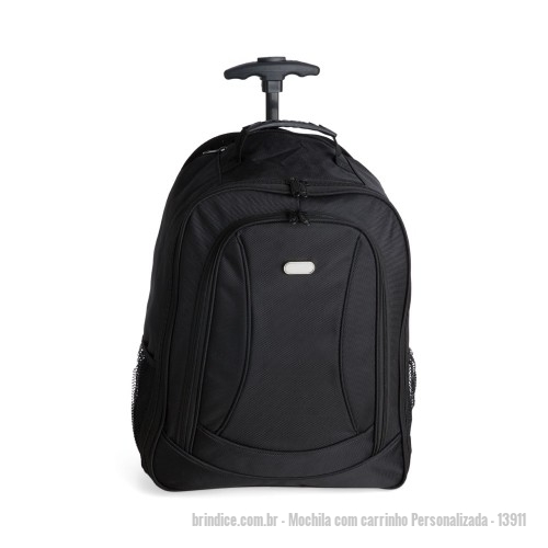 Mochila com carrinho personalizada - Mochila com carrinho Personalizada - 13911 - Mochila de nylon com rodinhas. Possui compartimento grande com bolso para notebook e “bolso” oposto interno de zíper; dentro deste compartimento fica guardado o pegador, basta segurar o botão PUSH para levantar ou abaixa-lo(neste compartimento ele fica totalmente escondido e ainda conta com um zíper superior para fechá-lo por completo), bolso frontal e dois bolsos laterais de rede. Zíperes preto, alça superior em nylon com pegador emborrachado e alças para costa ajustáveis. Possui uma aba de proteção inferior com velcro para prender na área superior(afim de esconder as alças para costa), também há opção de encaixar a aba de proteção com velcro na área inferior, impedindo que as rodinhas sujem a costa quando carregada deste modo. Rodinhas de borracha de alta densidade e dois suportes plásticos circulares utilizados como freio e apoio para a mochila ficar ereta. Com gravação laser na placa metálica frontal. Disponível somente na cor: PRETA Medidas aproximadas para gravação (CxD): 1 - 87246 - Portal de Brindes Personalizados | Guia Bríndice 38 Anos - Mochila com carrinho
