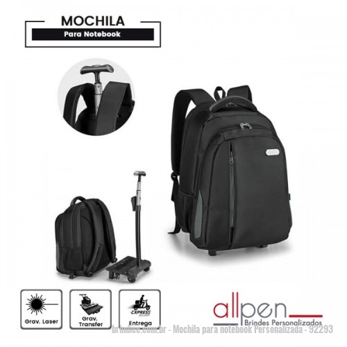 Mochila para notebook personalizada - Mochila para notebook Personalizada - 92293 - Mochila trolley para notebook. Nylon 999. Material à prova de água. Com 2 rodas. Compartimento principal almofadado para notebook até 17''. Segundo compartimento forrado e com diversos bolsos. Bolso frontal com zíper e bolsos laterais com tela. Com protetor de rodas e estrutura removível. Parte posterior e alças almofadadas. Pega extensível em alumínio, com mola (altura da pega estendida até 550 mm). Placa metálica removível com imã, para fácil gravação. Capacidade até 30 L. Peso: 1,70 kg. 350 x 460 x 225 mm | Placa: 50 x 20 mm - 109571 - Portal de Brindes Personalizados | Guia Bríndice 38 Anos - Mochila para notebook