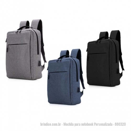 Mochila para notebook personalizada - Mochila para notebook Personalizada - 880320 - Mochila para notebook confeccionada em poliéster reforçado com fechamento através de zíper e puxador metálico. Possui compartimento interno acolchoado com eva para notebook. Alças para ombros almofadadas, anatômicas e ajustáveis. Possui entrada usb com cabo auxiliar e conector externo para uso de bateria portátil (não inclusa). 410x287x110mm. - 142142 - Portal de Brindes Personalizados | Guia Bríndice 38 Anos - Mochila para notebook