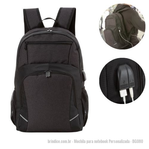 Mochila para notebook personalizada - Mochila para notebook Personalizada - BG080 - Mochila para Notebook com saída USB e Áudio. 100% Poliéster, saída USB e P2 (para fone de ouvido) do lado externo. Gravação Silkscreen. Tamanho 45x29x13 cm. - 142413 - Portal de Brindes Personalizados | Guia Bríndice 38 Anos - Mochila para notebook