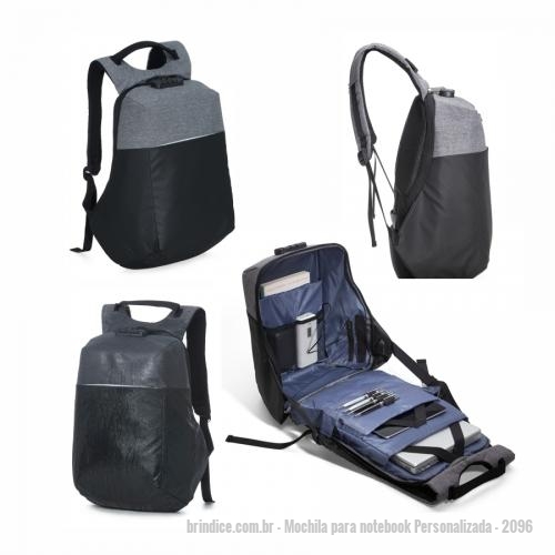 Mochila para notebook personalizada - Mochila para notebook Personalizada - 2096 - Mochila anatômica antifurto de 35 litros em poliéster resistente à água com três compartimentos, sendo dois deles exclusivos para cartões e proteção contra furto. Contém cadeado numérico TSA, compartimento principal com amplo espaço e bolso para note - 149920 - Portal de Brindes Personalizados | Guia Bríndice 38 Anos - Mochila para notebook