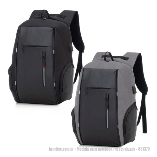 Mochila para notebook personalizada - Mochila para notebook Personalizada - 881370  - Mochila para notebook confeccionada em poliéster reforçado com fechamento através de zíper e puxador metálico. Possui 2 bolsos frontais e laterais com zíper, além de compartimento interno acolchoado com eva para notebook até 17''. Alças para ombros almofadadas, anatômicas e ajustáveis. Possui entrada usb com cabo auxiliar e conector externo para uso de bateria portátil (não inclusa). - 166192 - Portal de Brindes Personalizados | Guia Bríndice 38 Anos - Mochila para notebook