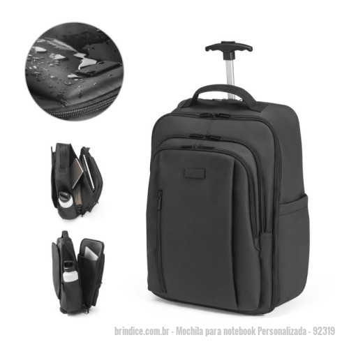 Mochila para notebook personalizada - Mochila para notebook Personalizada - 92319 - Mochila trolley em 900D com revestimento resistente à água. Compartimento principal espaçoso com bolso para portátil até 17,3", 3 bolsos frontais com zíper e 2 bolsos laterais com elástico no topo para transportar a sua squeeze. Mochila trolley com protetor de rodas e pega extensível em metal. Parte posterior e alças almofadadas. Placa metálica removível com imã, para fácil gravação. Capacidade até 28 L e peso de 1,80 kg. 330 x 480 x 185 mm - 166399 - Portal de Brindes Personalizados | Guia Bríndice 38 Anos - Mochila para notebook