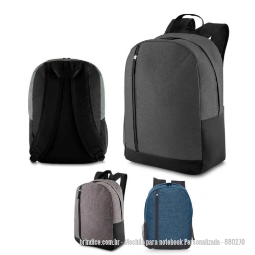 Mochila para notebook personalizada - Mochila para notebook Personalizada - 880270 - Mochila confeccionada em poliéster com fechamento através de zíper e puxador metálico. possui bolso lateral com tela e compartimento frontal com zíper. alças para ombros anatômicas e ajustáveis. - 166460 - Portal de Brindes Personalizados | Guia Bríndice 38 Anos - Mochila para notebook