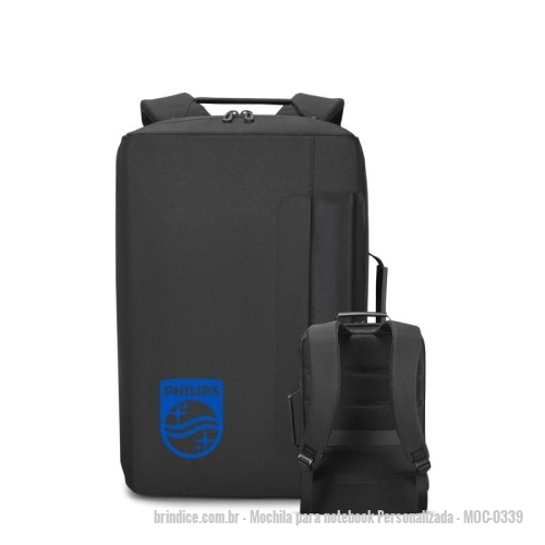 Mochila para notebook personalizada - Mochila para notebook Personalizada - MOC-0339 - Mochila premium, produzida com poliéster acolchoado, alças de ombro acolchoadas, interior com divisórias, bolso frontal com zíper e na parte das costas uma divisória atrás do engate para mala de viagem, aceita notebook de até 15,6”. - 168336 - Portal de Brindes Personalizados | Guia Bríndice 38 Anos - Mochila para notebook