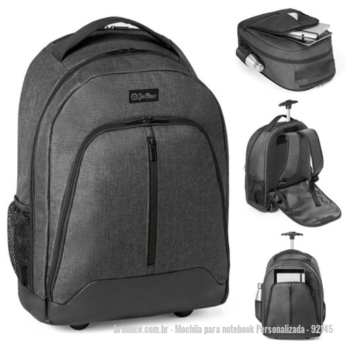 Mochila para notebook personalizada - Mochila para notebook Personalizada - 92145 - A Mochila Personalizada Trolley para Notebook é a combinação perfeita de praticidade, conforto e resistência! Feita em 600D de alta densidade e poliéster impermeável, ela oferece proteção completa para seu notebook de até 15.6". Com compartimento principal espaçoso, bolso frontal com zíper e bolsos laterais em tela mesh para itens adicionais, ela garante organização e facilidade de acesso. Sua estrutura conta com protetor de rodas, pega extensível em metal e alças almofadadas, garantindo o máximo de conforto ao transportar. Ideal para quem busca mobilidade e segurança para o dia a dia. - 171034 - Portal de Brindes Personalizados | Guia Bríndice 38 Anos - Mochila para notebook