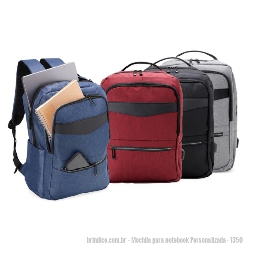 Mochila para notebook personalizada - Mochila para notebook Personalizada - 1350 - Mochila de nylon 22 Litros com detalhes em couro sintético e três compartimentos, sendo o principal com bolso para notebook 15,6. Mochila possui bolso lateral e suporte externo usb.  Altura :  41 cm  Largura :  30 cm  Profundidade :  18 cm - 173525 - Portal de Brindes Personalizados | Guia Bríndice 38 Anos - Mochila para notebook