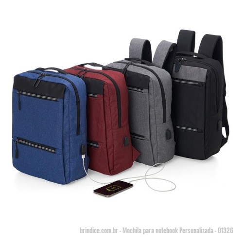 Mochila para notebook personalizada - Mochila para notebook Personalizada - 01326 - Mochila de nylon 21 litros com três compartimentos, sendo o principal com bolso para notebook de até 15,6 polegadas. Com divisórias internas para acessórios, a mochila possui bolso lateral e suporte externo usb. - 173699 - Portal de Brindes Personalizados | Guia Bríndice 38 Anos - Mochila para notebook