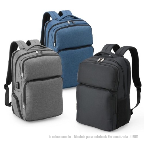Mochila para notebook personalizada - Mochila para notebook Personalizada - 07011 - Mochila de nylon resistente à água, com capacidade de 29 litros com 6 compartimentos, sendo o principal com bolso para notebook de 15,6 polegadas e um compartimento com abertura lateral para armazenar documentos. Contém divisórias internas para acessórios e porta-chaves. A mochila possui adaptador USB externo, bolso antifurto nas costas, bolso na lateral com elástico, engate para malas de viagem, área costada com revestimento espumado e alças com bolsos integrados para cartões ou moedas. - 173729 - Portal de Brindes Personalizados | Guia Bríndice 38 Anos - Mochila para notebook