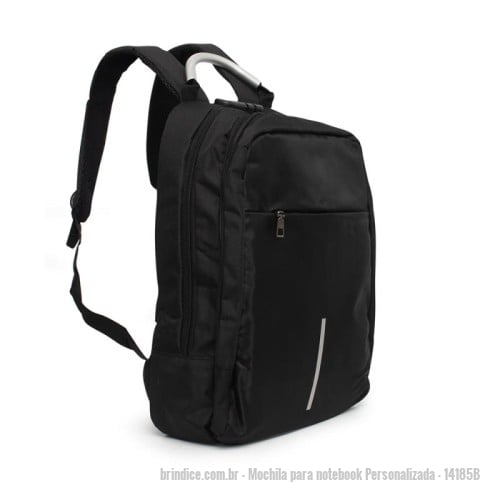 Mochila para notebook personalizada - Mochila para notebook Personalizada - 14185B - Mochila anti-furto com cadeado de segredo. Produzido em poliéster, tem a parte frontal à prova d’água (respingos). Compartimento principal com bolso para notebook 15,6 e divisórias, bolso de tela, parte externa com cadeado de segredo para trava dos zíperes; e bolso frontal. Possui entrada para fone de ouvido, suporte com entrada USB na parte externa e cabo USB acoplado internamente; permitindo a conexão de um carregador portátil na área interna e a conexão de um eletrônico na área externa, viabilizando a carga e utilização do eletrônico enquanto caminha. Alças para as costas ajustáveis revestidas com espuma, alça para mãos em alumínio e alça para encaixe em malas de viagem. Utilização do cadeado: para criar um segredo, pressione e segure o botão, crie a numeração desejada e em seguida solte o botão para assumir a codificação criada. Repita o mesmo processo sempre que necessitar fazer alguma alteração. - 173743 - Portal de Brindes Personalizados | Guia Bríndice 38 Anos - Mochila para notebook