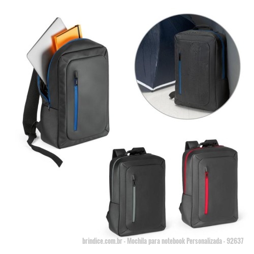 Mochila para notebook personalizada - Mochila para notebook Personalizada - 92637 - Mochila para notebook em 600D com revestimento resistente à água e um compartimento principal almofadado com divisória para notebook até 15.6''. Bolso frontal e zípers impermeáveis. Bolso lateral em tela e parte posterior almofadada, com sistema de apoio acolchoado para as costas e alças almofadadas. Capacidade até 10 L. 245 x 400 x 115 mm - 173801 - Portal de Brindes Personalizados | Guia Bríndice 38 Anos - Mochila para notebook
