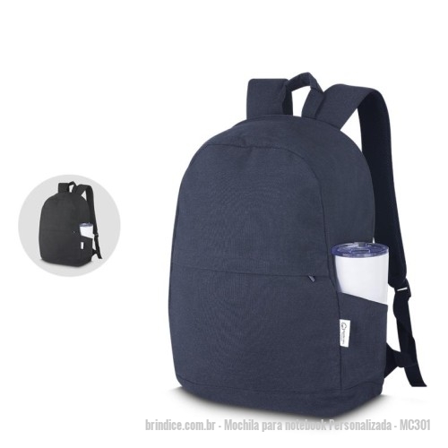 Mochila para notebook personalizada - Mochila para notebook Personalizada - MC301 - Mochila para notebook em algodão reciclado 340 g/m2.  Parte externa: Bolso frontal com zíper; Alça de mão e ombro; Engate para mala de viagem; Bolso lateral;  Parte interna: Compartimento para Notebook, Tamanho total do Notebook - 15,6" - 173899 - Portal de Brindes Personalizados | Guia Bríndice 38 Anos - Mochila para notebook