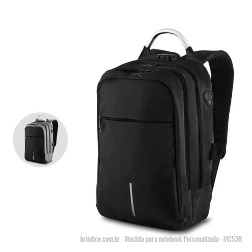 Mochila para notebook personalizada - Mochila para notebook Personalizada - MC538 - Mochila para notebook em tecido poliéster 50% Oxford e 50% PU e interior em poliéster 210D. Parte externa: Possui fechamento em cadeado com segredo; Alça de mão em metal; Alça de ombro acolchoada; Mini bolso na alça de ombro; Fita refletiva noturna. Engate para mala da viagem; Bolso frontal grande.Saída USB e fone de ouvido. Parte interna: Divisórias internas para canetas, documentos e telefone celular. Compartimento acolchoado para notebook, 43x27cm. Tamanho total do Notebook - 15.6" - 173906 - Portal de Brindes Personalizados | Guia Bríndice 38 Anos - Mochila para notebook
