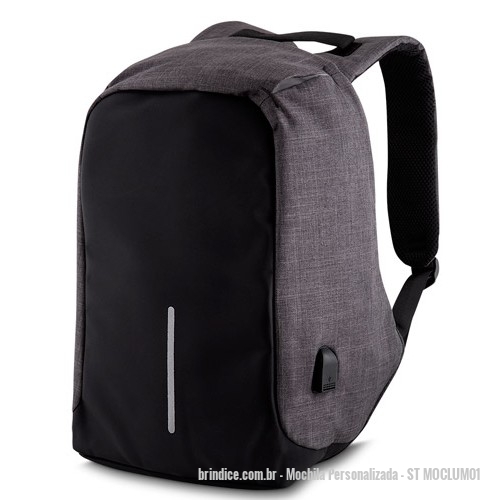 Mochila personalizada - Mochila Personalizada - ST MOCLUM01 - Mochila Antifurto Personalizada para Brindes, Medidas 44 x 30 x 11cm, Cores Cinza e Preto, Power Bank Não Incluso, Material Nylon - 142984 - Portal de Brindes Personalizados | Guia Bríndice 38 Anos - Mochila