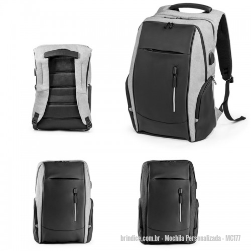 Mochila personalizada - Mochila Personalizada - MC177 - Mochila para notebook em 900D e Tarpaulin com 2 compartimentos principais com diversos bolsos interiores. Um completamente forrado e acolchoado para computador de grandes dimensões até 17 . A mochila tem ainda 2 bolsos frontais, 2 bolsos laterais com zipper e bolso oculto nas costas com zipper. Contém ainda tira de transporte para trolley e entradas USB e Jack 3,5mm. Parte posterior e alças são almofadadas. - 147255 - Portal de Brindes Personalizados | Guia Bríndice 38 Anos - Mochila
