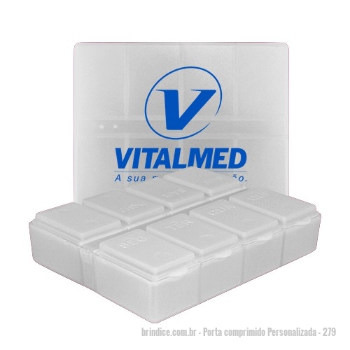 Porta comprimido personalizada - Porta comprimido Personalizada - 279 - Porta comprimidos formato retangular com 8 compartimentos, tampa articulada e com os dias da semana, feito em Plástico Premium (PP) atóxico. - 175047 - Portal de Brindes Personalizados | Guia Bríndice 38 Anos - Porta comprimido