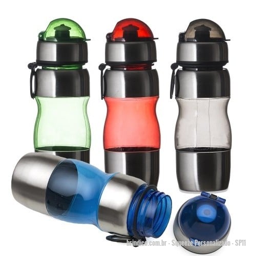 Squeeze personalizado - Squeeze Personalizado - SP11 - Squeeze de alumínio 450ml com alça plástica e detalhes coloridos. Possui tampa de bico e tampa protetora de plástico resistente. - 151743 - Portal de Brindes Personalizados | Guia Bríndice 38 Anos - Squeeze